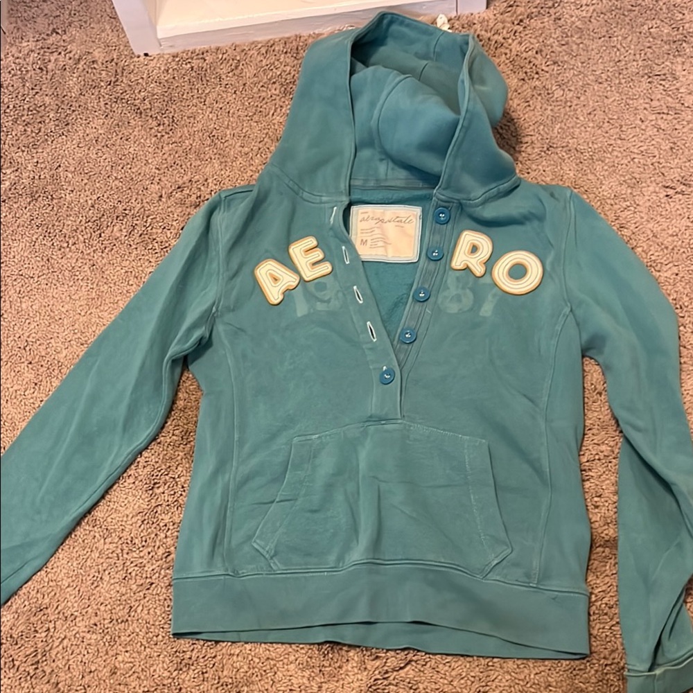 Y2K Aeropostale Blue Hoodie with Cream Lettering Size Medium